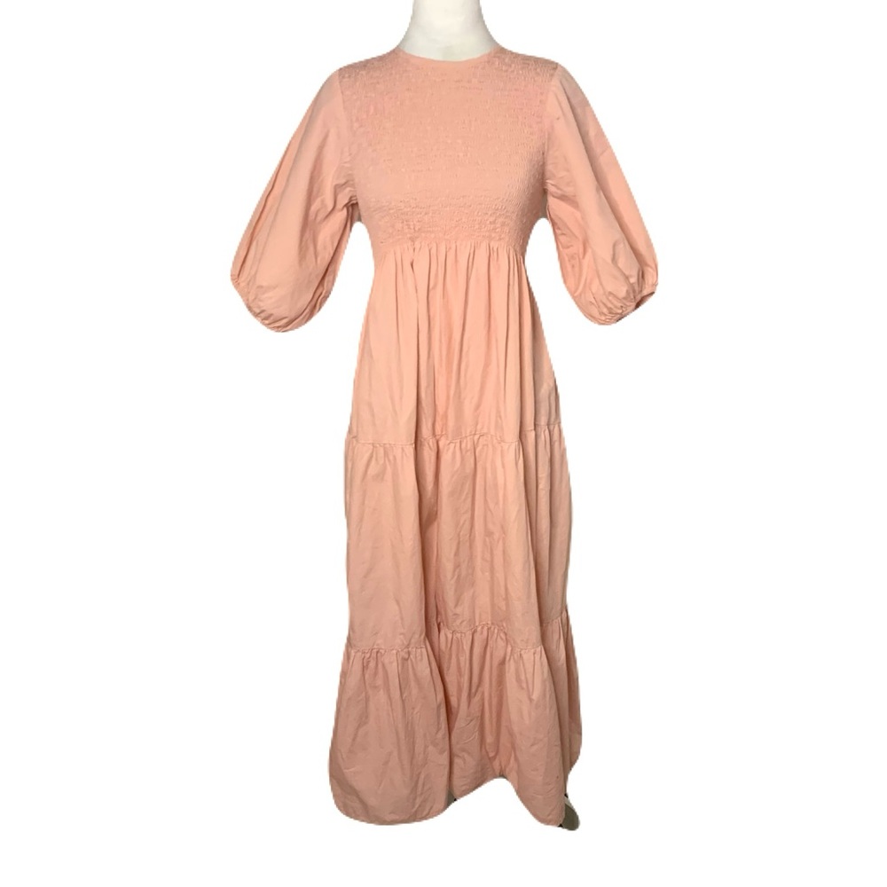 Lusana Size 6 Pink/Peach Puff Sleeve Smocked Tiered Cottagecore Prairie Dress
